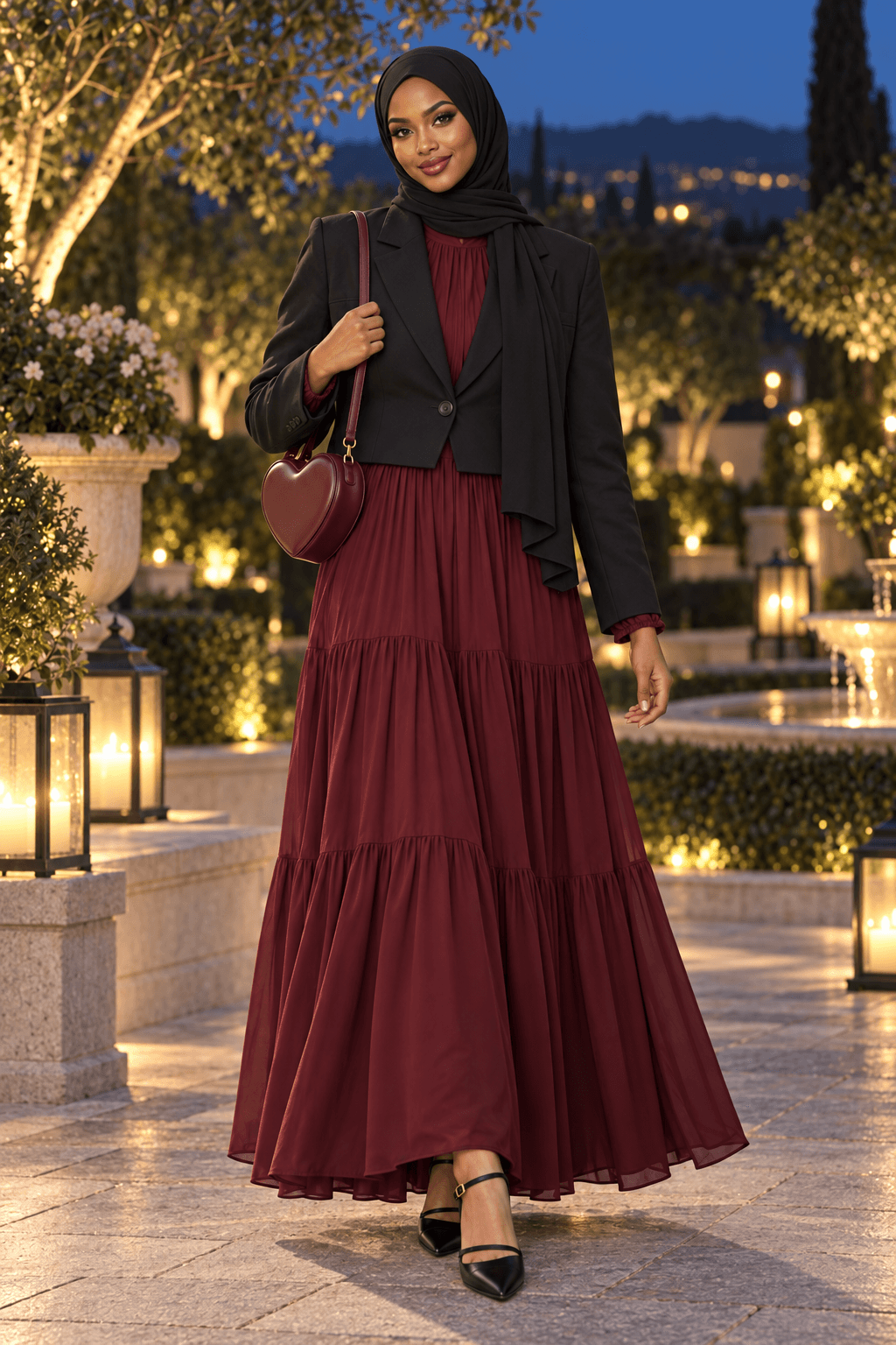 Burgundy evening dress with a cropped black blazer, black hijab and pointed heels