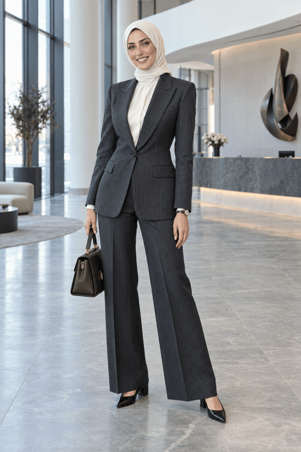 Model in an ivory hijab and charcoal pinstripe suit in a modern office lobby